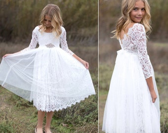 Boho Boho Abito da ragazza di fiori, Abito da ragazza in tulle di pizzo bianco, Abito da ragazza di fiori di pizzo, Abito da ragazza di fiori rustico, Abito da comunione, Abito Bianca