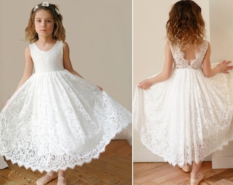 Vestido de niña de flores Boho Boho, vestido de niña de tul de encaje blanco, vestido de niña de flores de encaje, vestido de niña de flores rústico, vestido de comunión, vestido Bella