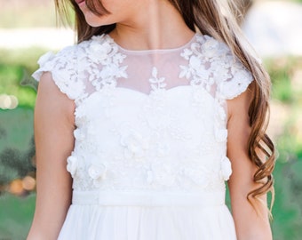 Vestido de niña de flores, vestido de niña de flores de encaje, vestido de niña de flores de encaje blanco marfil, vestido de niña de flores de tul de encaje boho rústico, vestido de comunión