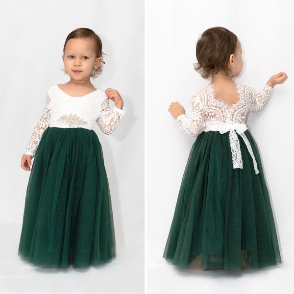 Robe de fille fleur verte britannique, robe de fille en tulle de dentelle vert foncé, robe de fille de fleur, robe de fille de fleur rustique, robe de fille boho