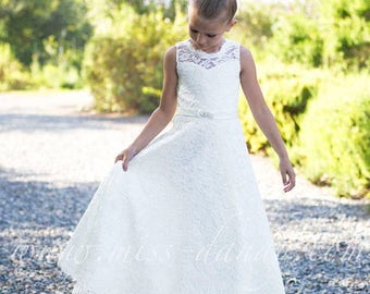 Lace flower girl dress, flower girl dresses, Lace girl dress, off white lace dress, ivory flower girl dress white lace,First Communion Dress