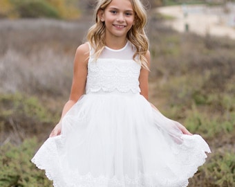 Flower girl dress, Bohemian Boho Flower girl dress, White Lace Tulle Girls Dress, Lace flower girl dress, Junior Bridesmaid dress, Ivy dress