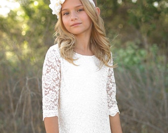 Flower girl dress, Lace flower girl dress, Bohemian lace dress, Rustic Lace dress, White Boho flower girl dress, Ivory Rustic flower girl