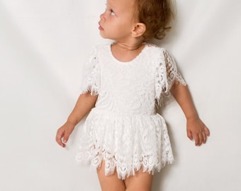 Boho Baby Lace Romper, Bautismo Baby girl romper, Vestido de encaje Boho, Traje de pastel Boho Smash, First Birthday baby romper, Baby Romper