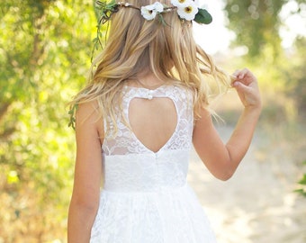 Open Back Flower Girl Dress,White Lace Flower girl dress,Rustic Flower Girl Dress,Country Flower Girl Dress,Floor Length flower girl dresses