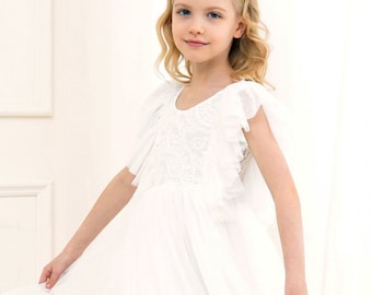 Vestido de niña de flores Boho Boho, vestido de niña de tul de encaje blanco, vestido de niña de flores de tul, vestido de niña de flores de playa, vestido de comunión, vestido de lirio