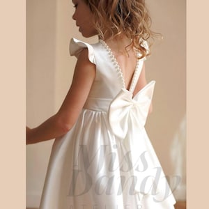 Satin Flower girl dress, Ivory V-Back Knee Length Satin Big Bow, Girls Satin dress, Ivory White satin dress, Pearl Baby Girl Wedding Dress