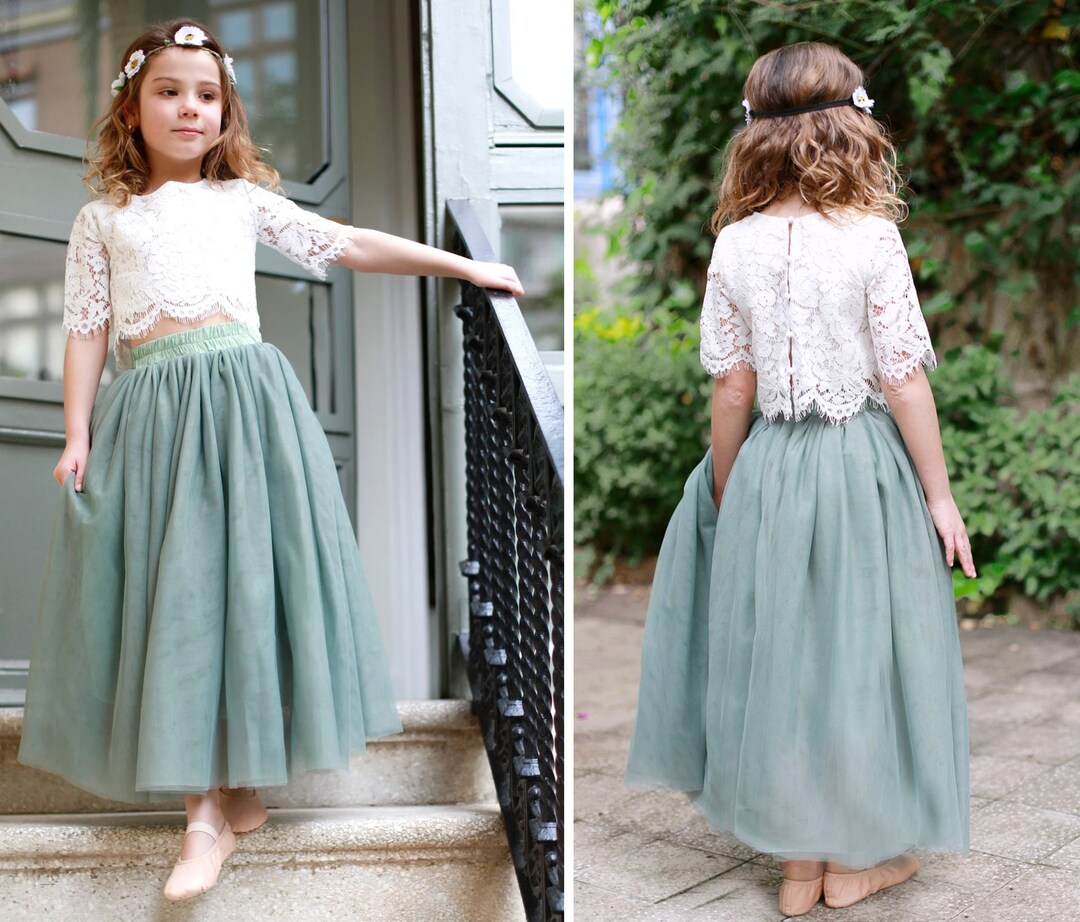 Sage Bohemian Boho Lace Flower Girl Top Tulle Skirt, Flower Girl Lace