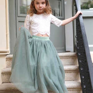 Sage Bohemian Boho Lace Flower Girl Top Tulle skirt, Flower girl Lace Top, Tulle skirt Lace Top Flower girl , Sage Green Flower Girl Skirt image 3