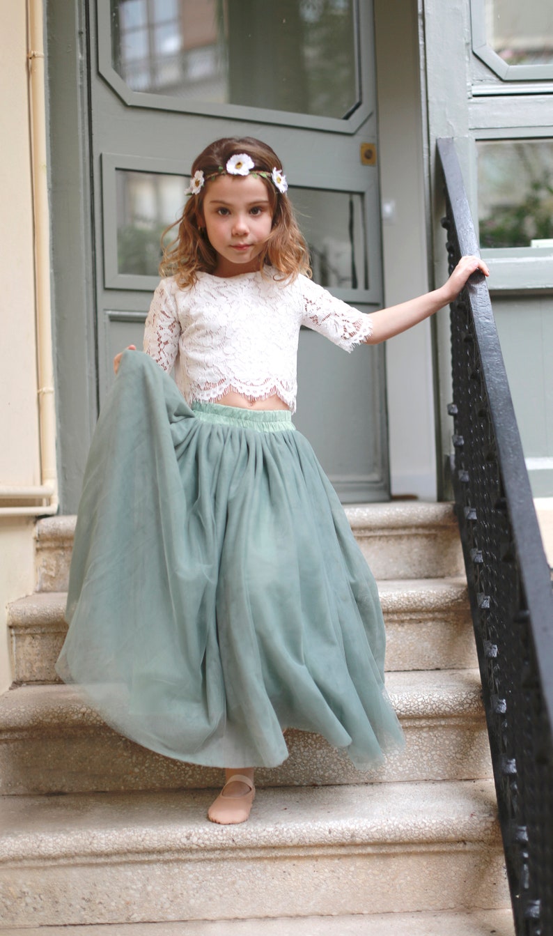Sage Bohemian Boho Lace Flower Girl Top Tulle Skirt Flower Etsy