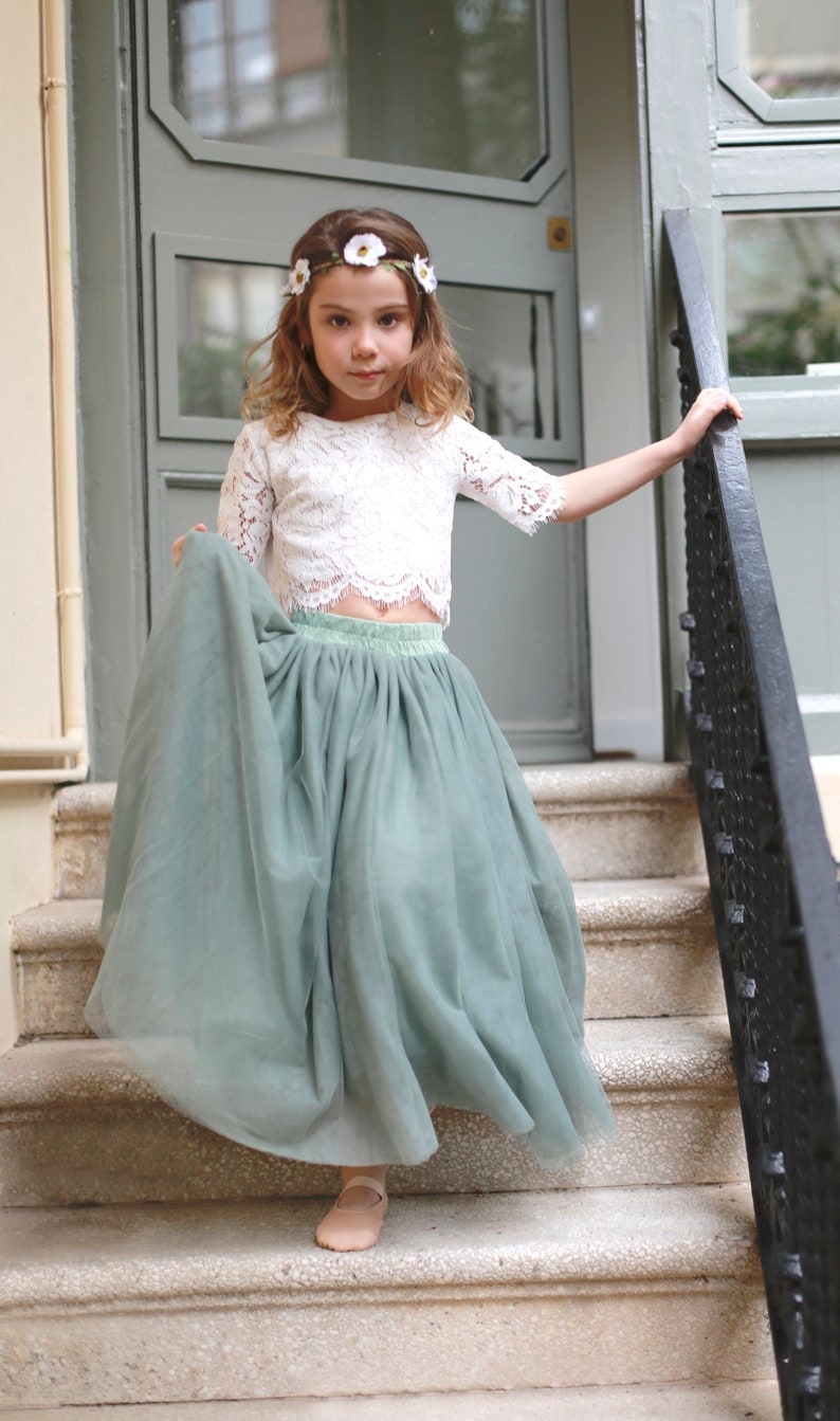 Sage Bohemian Boho Lace Flower Girl Top Tulle skirt, Flower girl Lace Top, Tulle skirt Lace Top Flower girl , Sage Green Flower Girl Skirt image 3