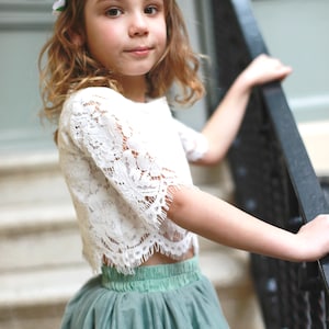 Sage Bohemian Boho Lace Flower Girl Top Tulle skirt, Flower girl Lace Top, Tulle skirt Lace Top Flower girl , Sage Green Flower Girl Skirt image 4