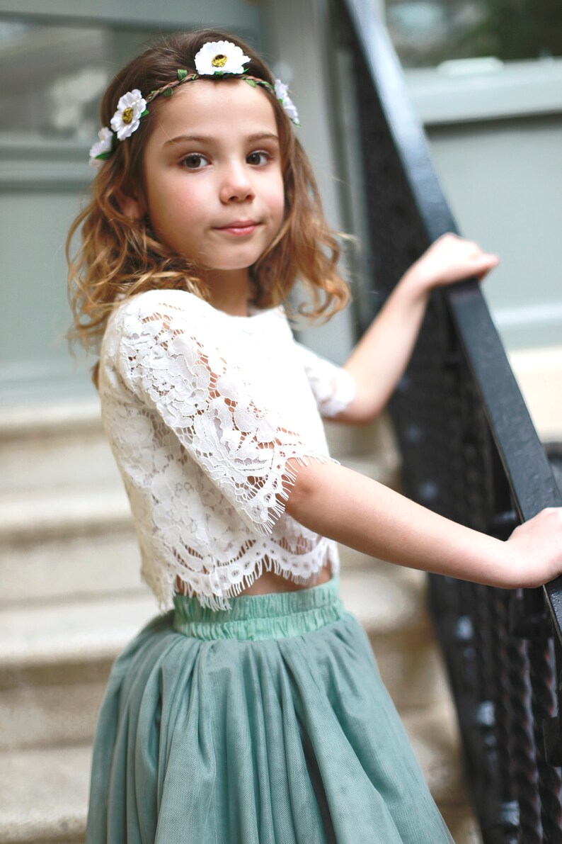 Sage Bohemian Boho Lace Flower Girl Top Tulle Skirt Flower Etsy