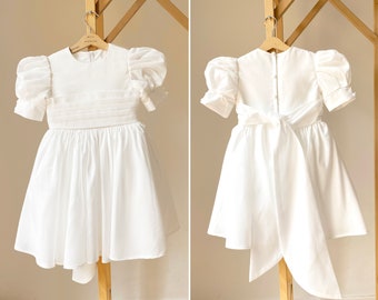 Robe de demoiselle d'honneur, coton blanc ivoire dentelle tulle fille, robe de fille de fleur bébé en satin de coton, robe de demoiselle d'honneur rustique, robe de communion