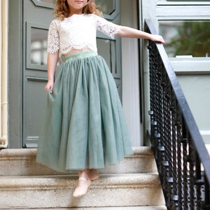 Sage Bohemian Boho Lace Flower Girl Top Tulle skirt, Flower girl Lace Top, Tulle skirt Lace Top Flower girl , Sage Green Flower Girl Skirt image 2