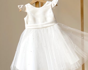 Satin Flower girl dress, Satin White Tulle Girl Dress, V - Back White Pearl Mid calf - length Girl Dress with Bow, Satin Communion dress