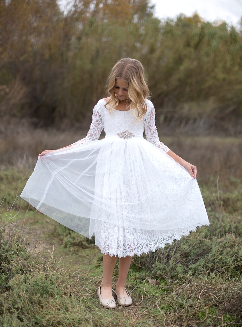 Robe de fille de fleur de Boho Boho, robe de fille de tulle de dentelle blanche, robe de fille de fleur de dentelle, robe de fille de fleur rustique, robe de communion, robe Bianca image 5