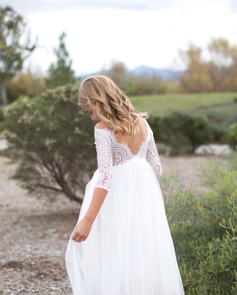 Communion dress, Flower girl dress Girl lace dress, White Ivory Lace Dress, Boho Country Rustic flower girl dress, Long Sleeve tulle dress zdjęcie 9