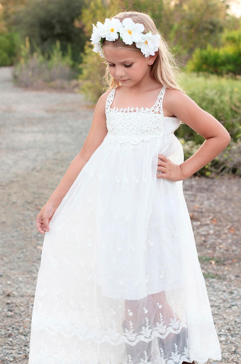Beach Flower Girl Dress, Bohemian Boho Flower Girl Dress, Ivory White C7C