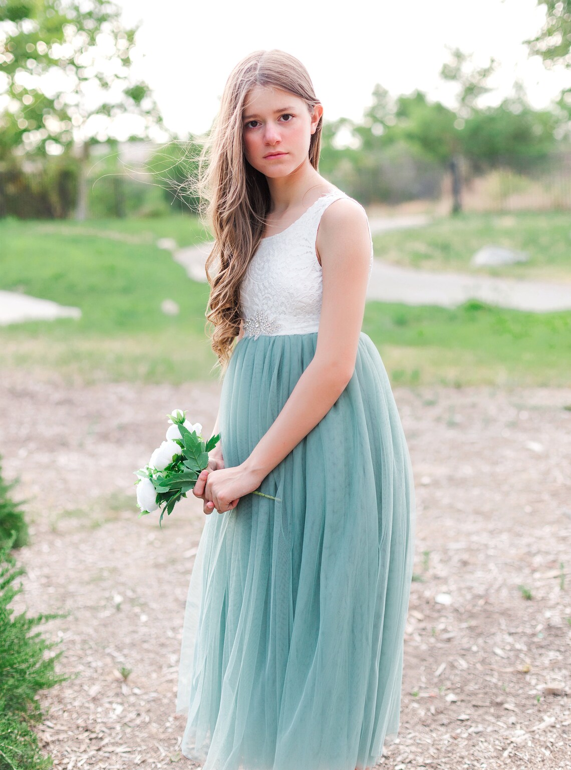 Sage Green Bohemian Boho Flower girl dress White Lace Tulle Etsy