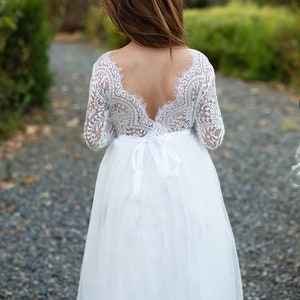 Robe de communion, Robe de fille de fleur Robe en dentelle de fille, Robe en dentelle ivoire blanche, Robe de fille de fleur rustique Boho Country, Robe en tulle à manches longues image 5