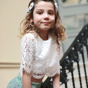 Sage Bohemian Boho Lace Flower Girl Top Tulle skirt, Flower girl Lace Top, Tulle skirt Lace Top Flower girl , Sage Green Flower Girl Skirt image 7