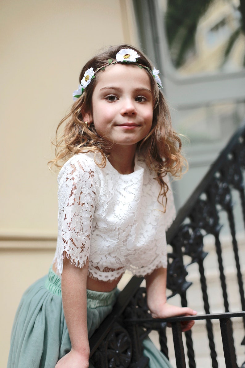 Sage Boho Boho Lace Flower Girl Top Tulle jupe, Flower girl Lace Top, Tulle jupe Lace Top Flower girl , Sage Green Flower Girl Jupe image 7