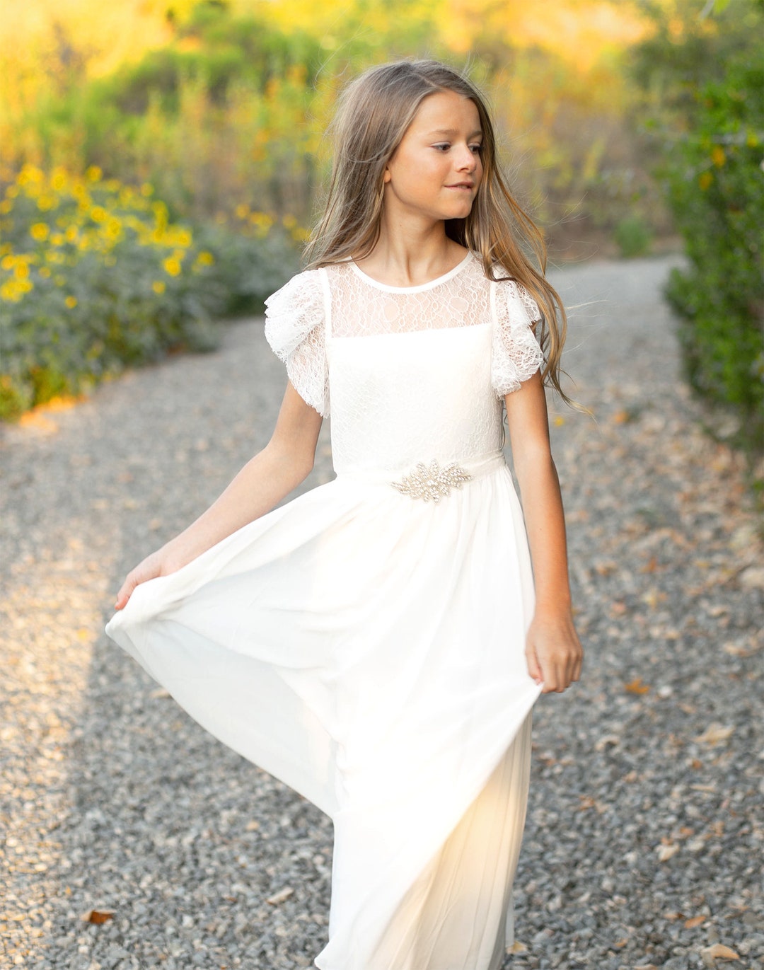 White Flower Girl Dress, White Lace & Chiffon Flower Girl Dress, Ivory