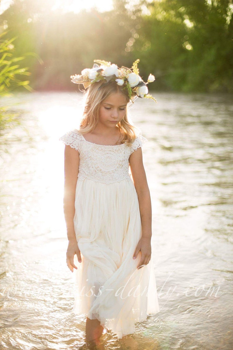 Floor Length Crochet Flower girl dress Ivory Cream Tulle Etsy