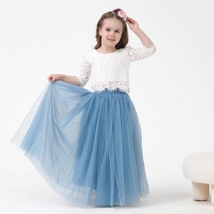 Blue Bohemian Boho Lace Flower Girl Top Tulle skirt, Flower girl Lace Top, Tulle skirt Lace Top Flower girl , Dusty blue Flower Girl Skirt