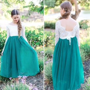 Emerald Green  Flower girl dress , White Ivory Bohemian  Lace Tulle Girl Dress, Flower girl dress, Rustic flower girl dress, Boho Girl Dress