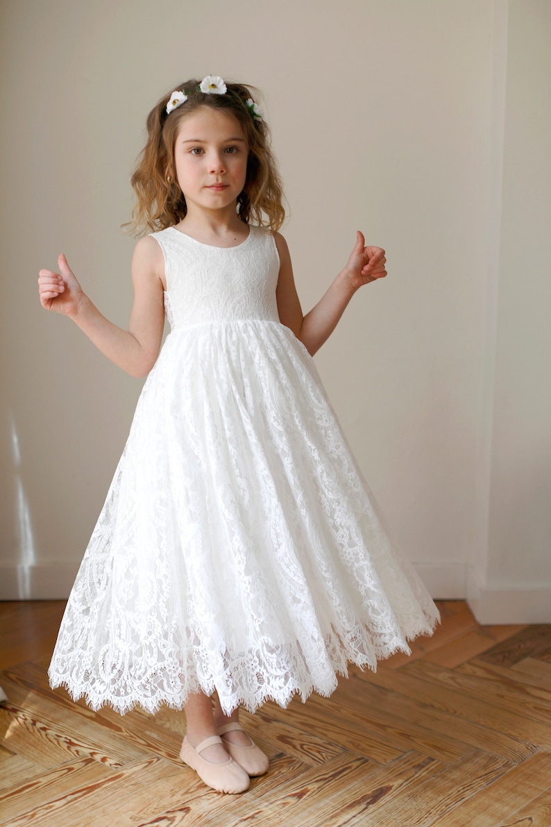 Bohemian Boho Flower girl dress , White Lace Tulle Girl Dress, Lace flower girl dress, Rustic flower girl dress,Communion dress, Bella Dress image 3