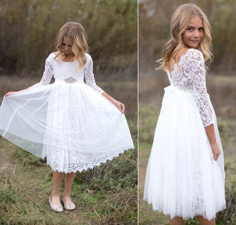 Robe de fille de fleur de Boho Boho, robe de fille de tulle de dentelle blanche, robe de fille de fleur de dentelle, robe de fille de fleur rustique, robe de communion, robe Bianca image 1