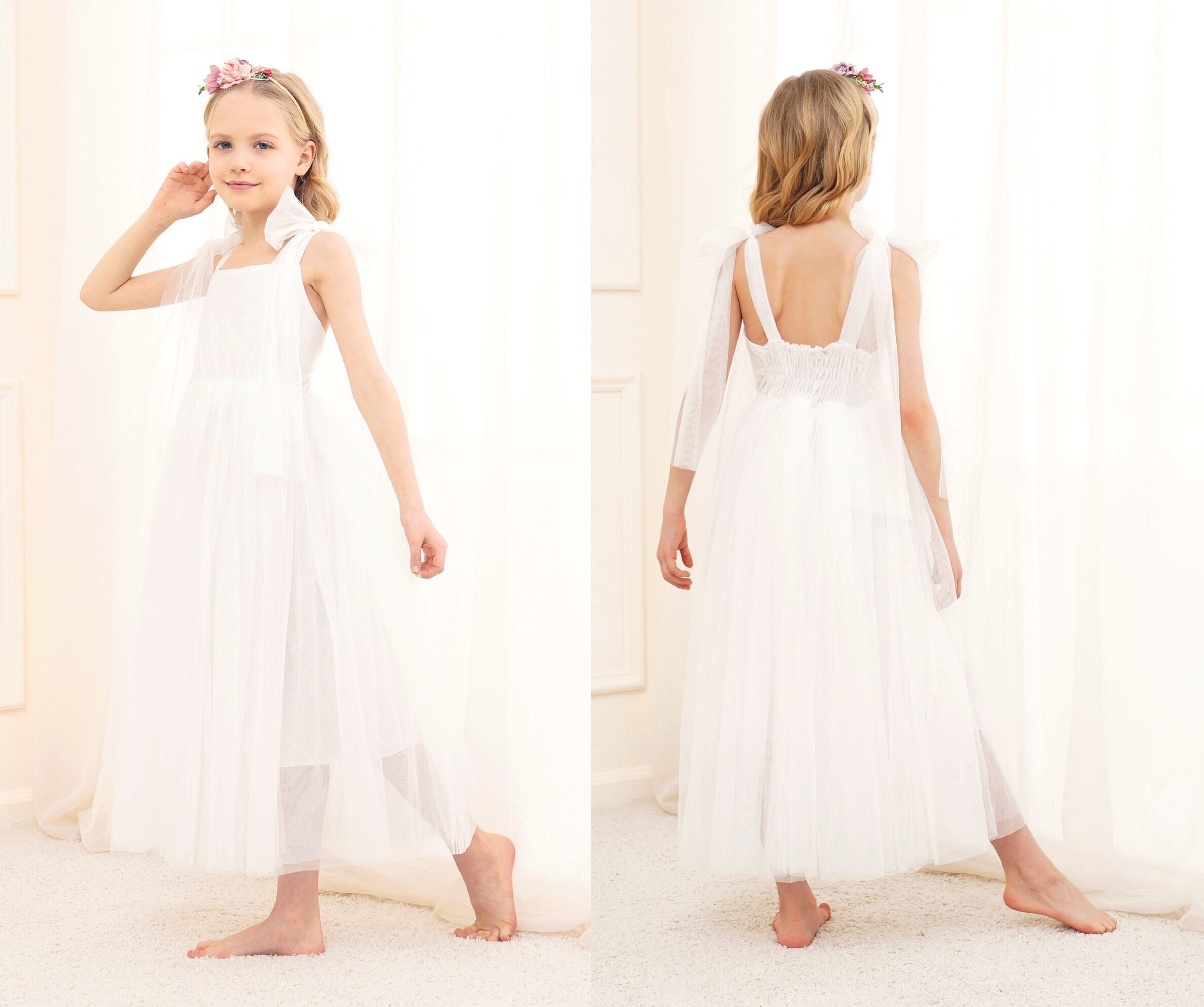 Off White flower girl dress,white Lace flower girl dress, Tulle Flower Girl Dress, Flower Girl Dress,Boho Flower Girl, First Communion Dress