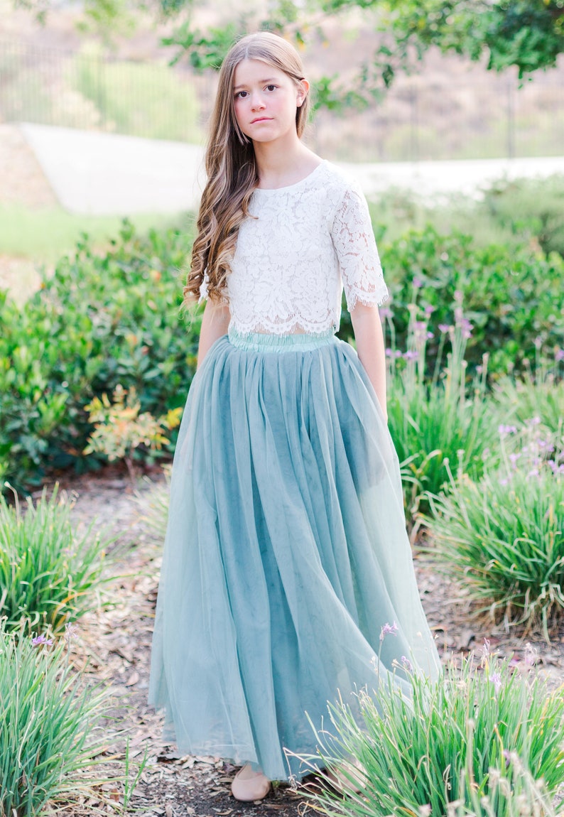 Sage Bohemian Boho Lace Flower Girl Top Tulle Skirt Flower Etsy
