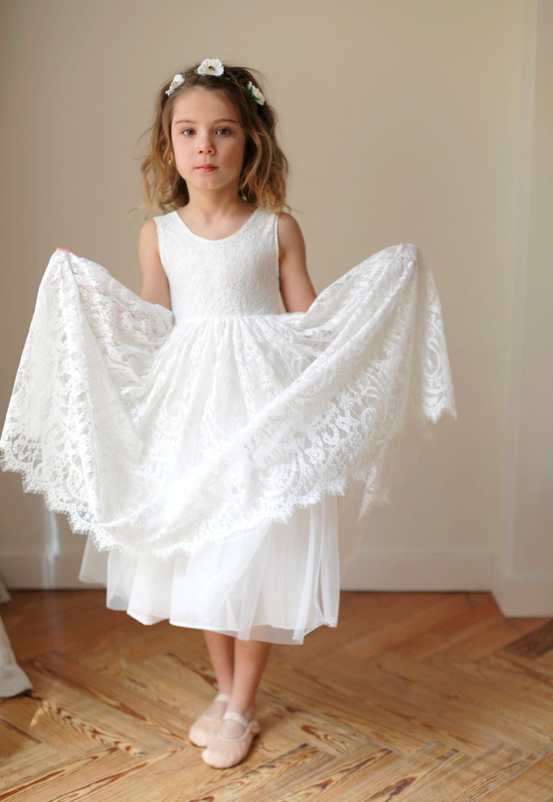 Bohemian Boho Flower girl dress , White Lace Tulle Girl Dress, Lace flower girl dress, Rustic flower girl dress,Communion dress, Bella Dress image 4