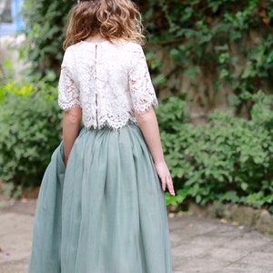 Sage Bohemian Boho Lace Flower Girl Top Tulle skirt, Flower girl Lace Top, Tulle skirt Lace Top Flower girl , Sage Green Flower Girl Skirt image 6