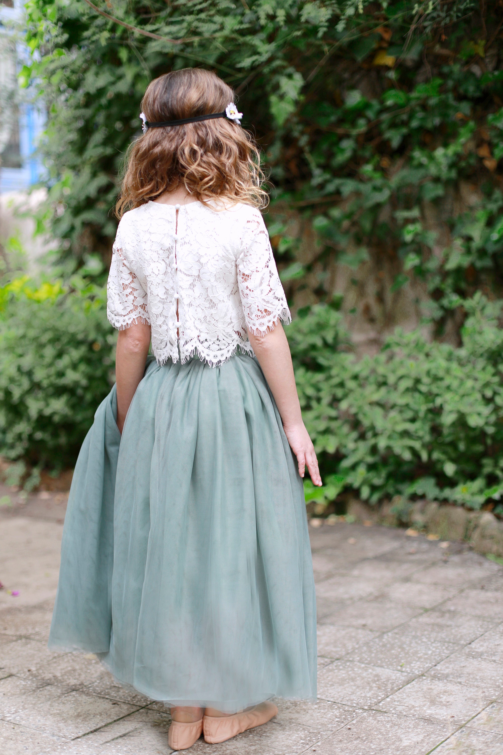 Sage Bohemian Boho Lace Flower Girl Top Tulle Skirt, Flower