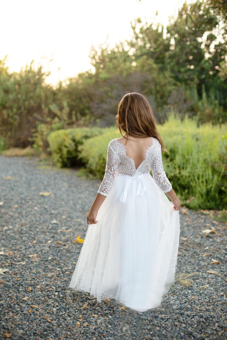 Robe de demoiselle d'honneur en dentelle bohème, robe de mariée en tulle ivoire rustique, robe en dentelle bohème, robe de baptême bohème, robe de baptême, robe de communion image 2