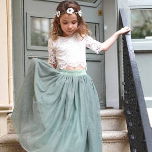 Sage Boho Boho Lace Flower Girl Top Tulle jupe, Flower girl Lace Top, Tulle jupe Lace Top Flower girl , Sage Green Flower Girl Jupe image 8