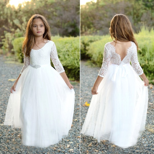 Robe de communion, Robe de fille de fleur Robe en dentelle de fille, Robe en dentelle ivoire blanche, Robe de fille de fleur rustique Boho Country, Robe en tulle à manches longues