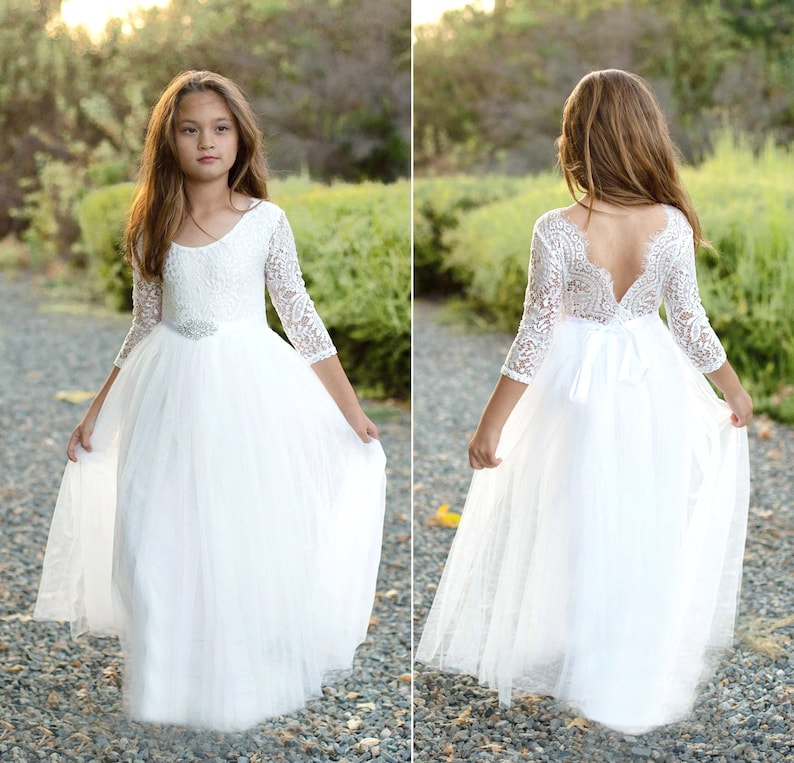 Robe de communion, Robe de fille de fleur Robe en dentelle de fille, Robe en dentelle ivoire blanche, Robe de fille de fleur rustique Boho Country, Robe en tulle à manches longues image 1