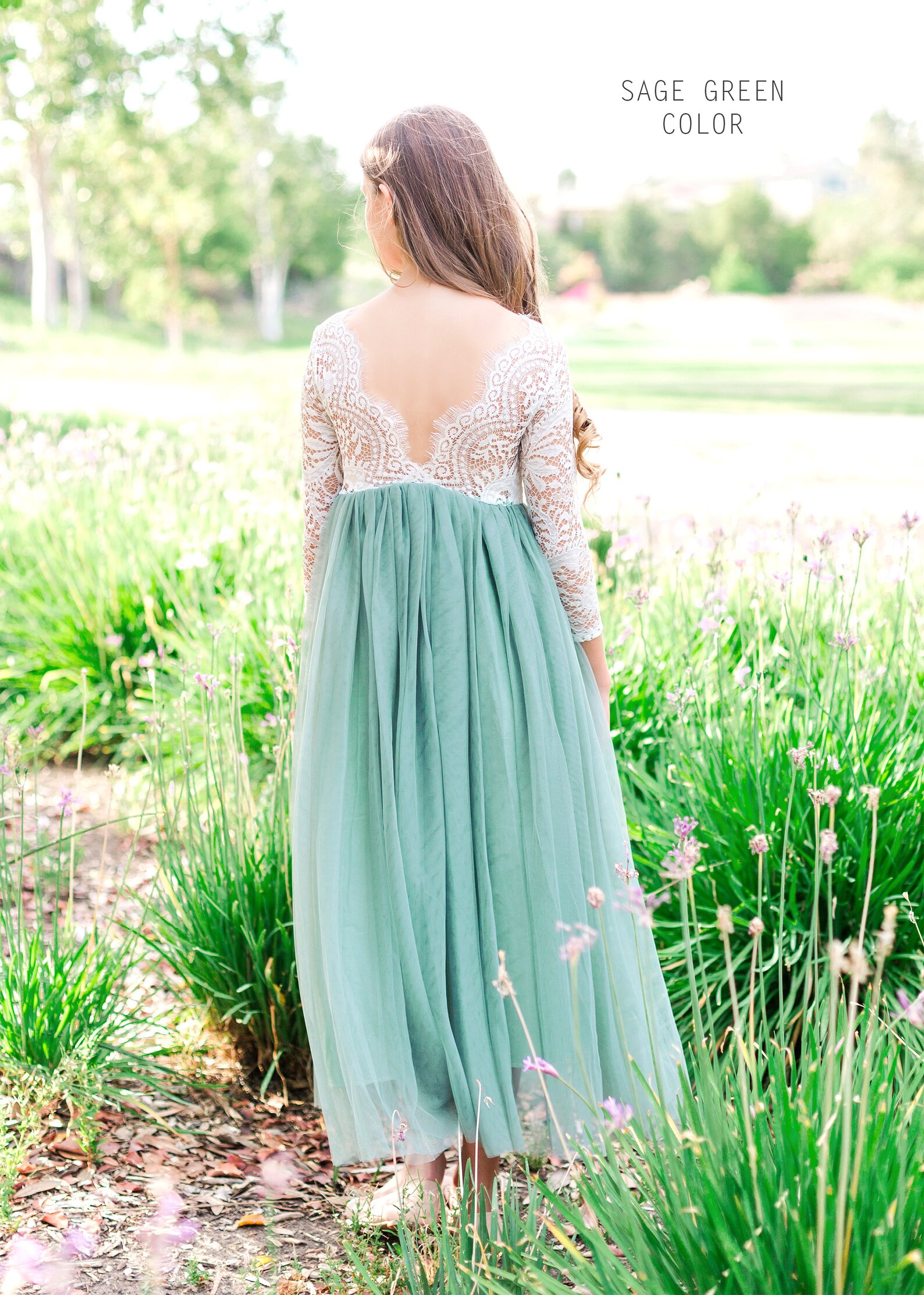 Sage Green Bohemian Boho Flower girl dress White Lace Tulle Etsy