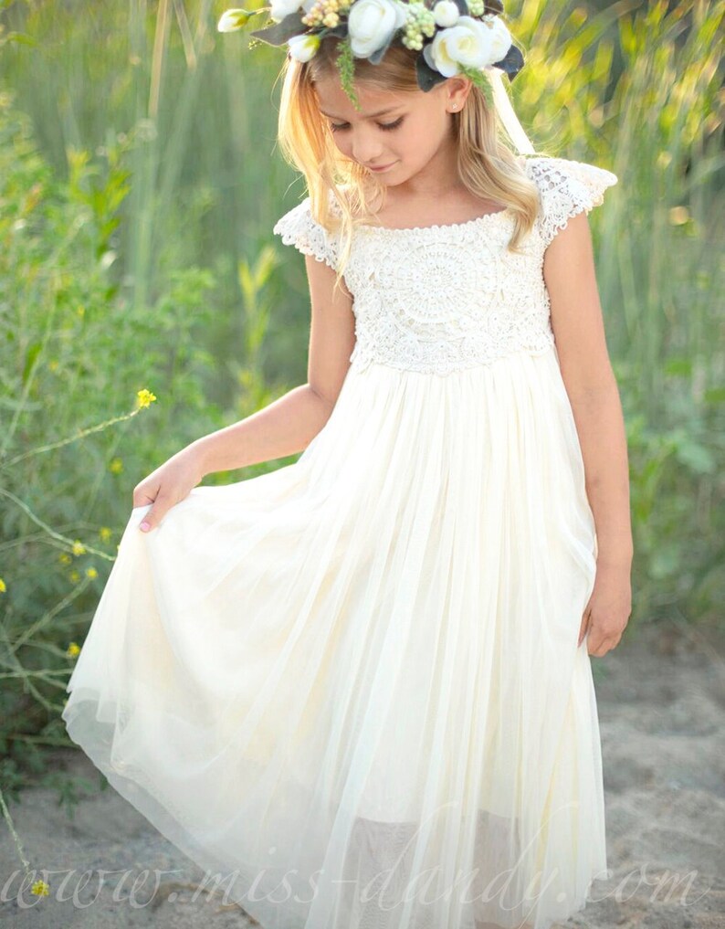 Floor Length Crochet Flower girl dress Ivory Cream Tulle Etsy