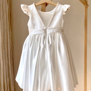 Vestido de niña de flores satinado, vestido de niña de tul de encaje blanco satinado de perlas, vestido de niña de flores de raso bebé, vestido de niña de flores rústico, vestido de comunión imagen 8