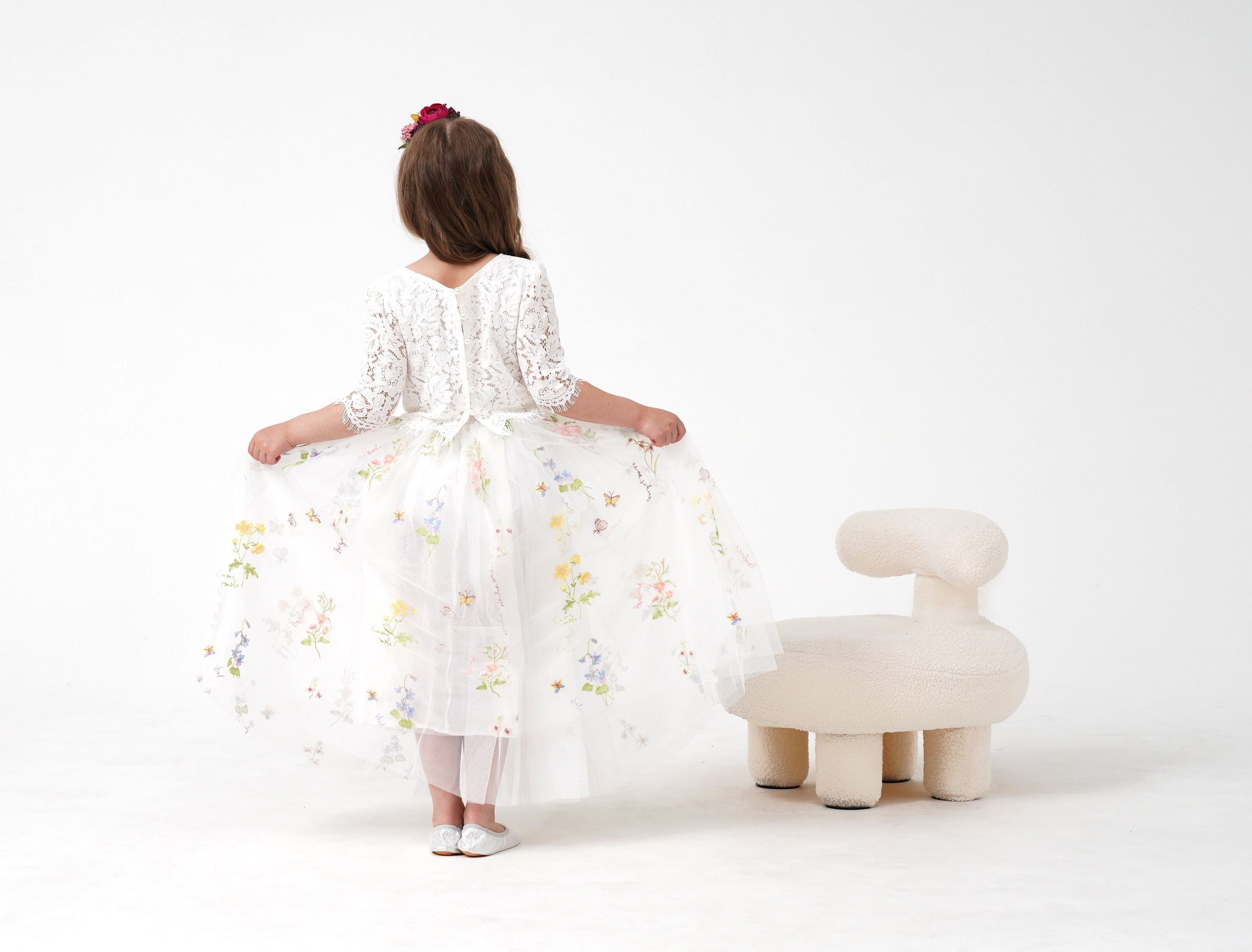 White Ivory Bohemian Boho Lace Flower Girl Top Tulle skirt, Flower girl Lace Top Tulle skirt Lace Top Flower girl, Wedding Flower Girl Skirt