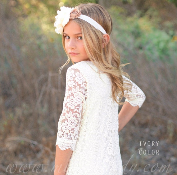 Ivory Flower Girl Dress, White Lace Flower Girl Dress, Bohemian