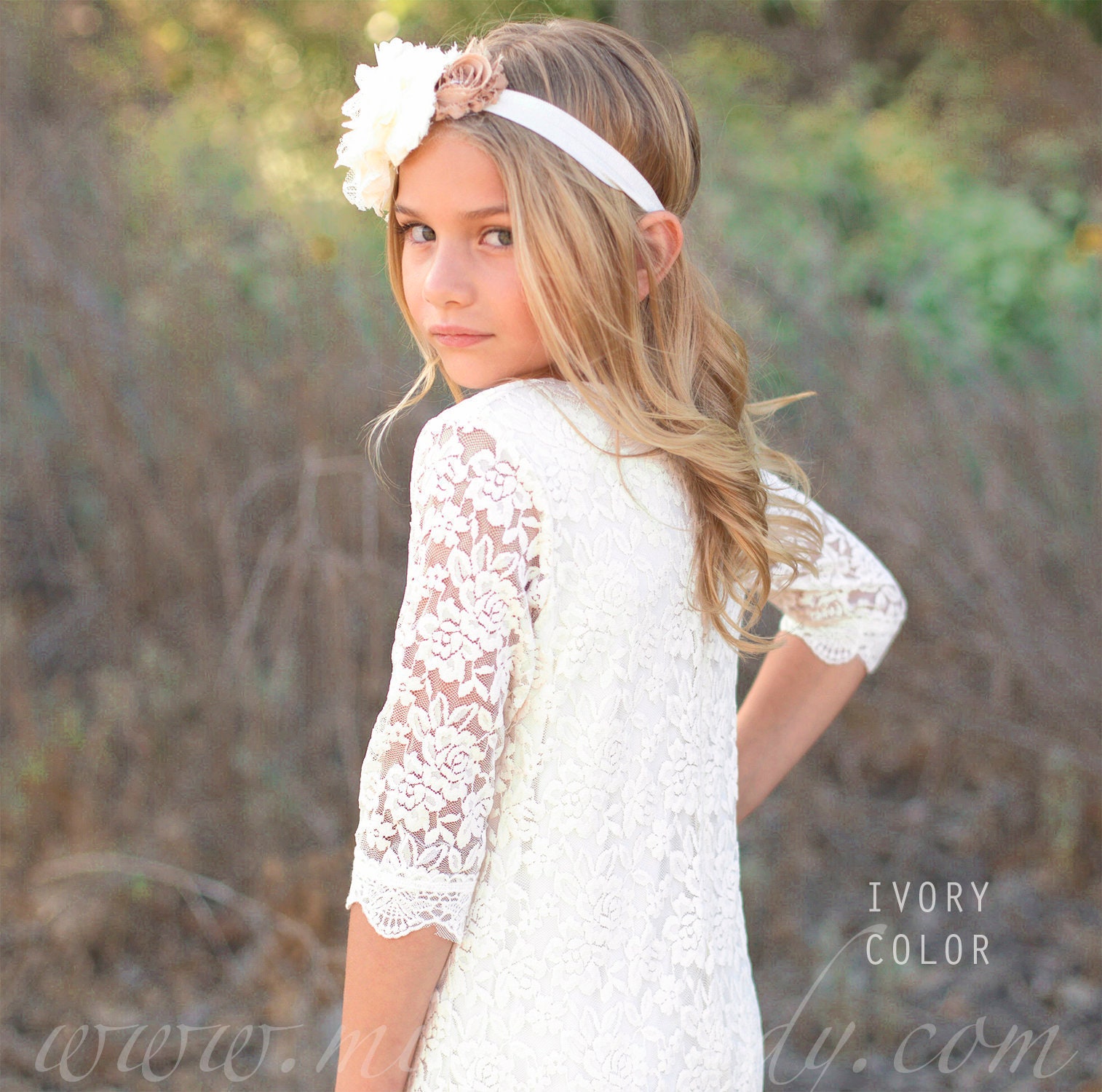 Ivory Flower girl dress, White Lace flower girl dress, Bohemian Lace dress, Girls Lace dress 