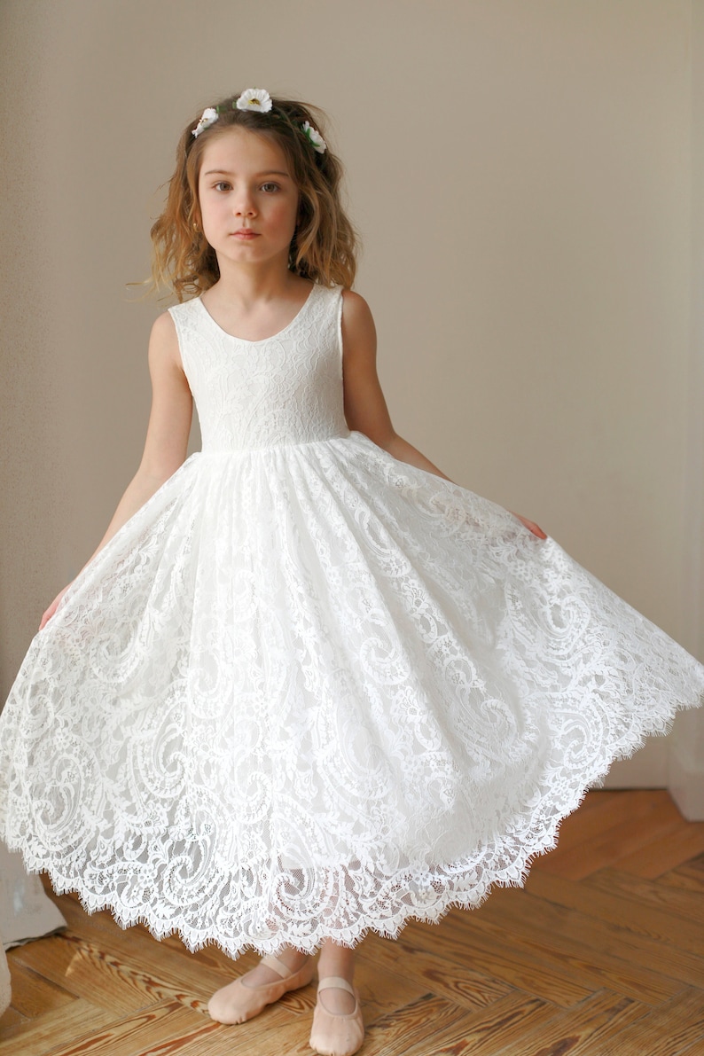 Bohemian Boho Flower girl dress , White Lace Tulle Girl Dress, Lace flower girl dress, Rustic flower girl dress,Communion dress, Bella Dress image 2