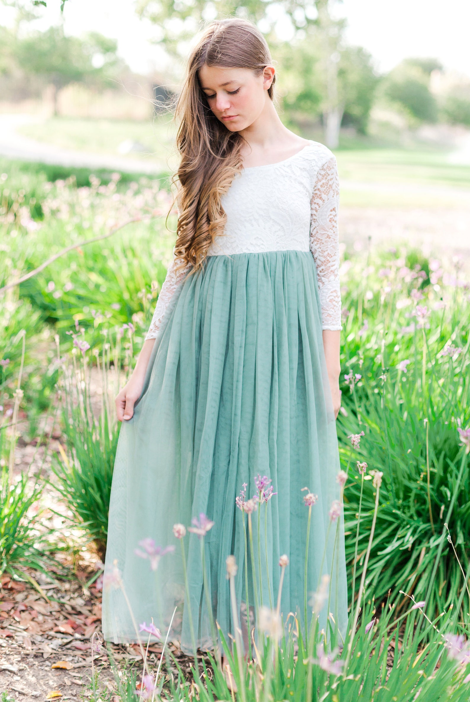 Sage Green Bohemian Boho Flower Girl Dress White Lace Tulle Etsy